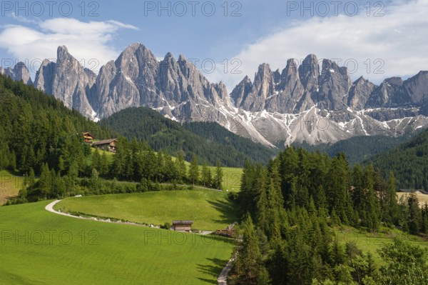 20.06.2019, St. Magdalena, Villnöss, Trentino, South Tyrol, Italy, Europe, The nature park in the Villnöss Valley with mountains of the Dolomites of the Puez Geisler Group, Europe