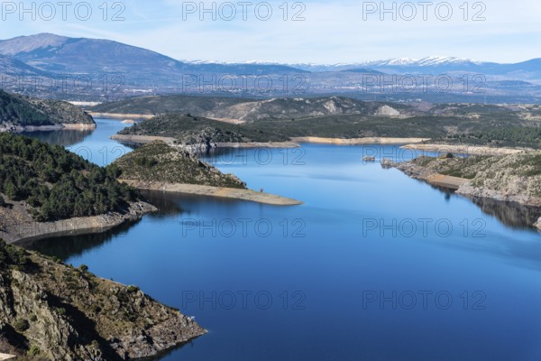 The Atazar reservoir and dam in the mountain range of Madrid
