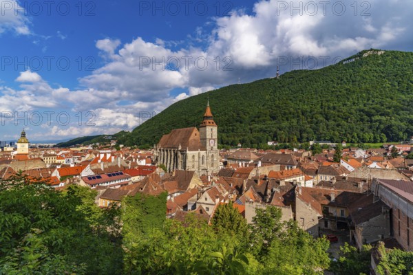 Panorana of the old city center of Brasov and Tampa Mountain, Romania, Europe