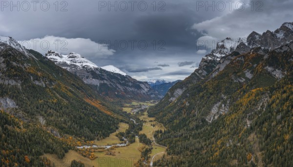 An aerial view of the Tamina Valley in late autumn with the first snow on the mountain tops