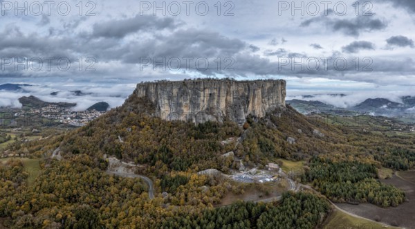 A drone view of the Pietra di Bismantova mesa and mountain landscape near Castelnovo 'ne Monti