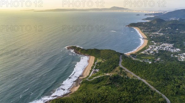 Balneario Camboriu in Santa Catarina. Taquaras Beach and Laranjeiras Beach in Balneario Camboriu. Aerial view in landscape. Brazil