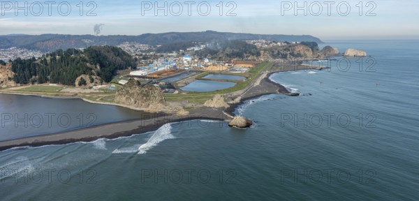 Part of city Constitucion Chile and coastline Pacific Ocean, aerial view