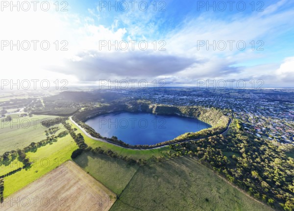 The rural town of Mt Gambier and its famous Blue Lake crater on a sunny autumn day in South Australia, Australia, Oceania