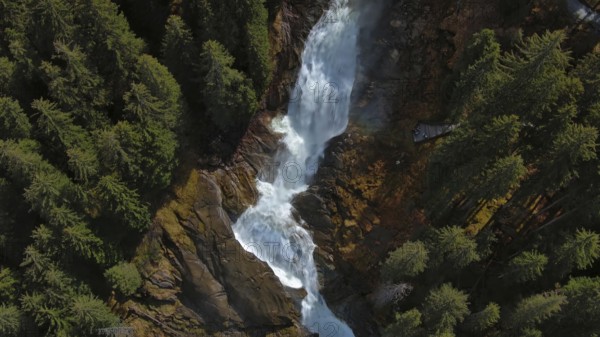 Aerial view of Krimml Waterfalls on sunny day. High Tauern National Park, Austrian Alps, Austria, Europe