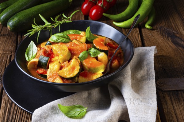 Vegetarian courgette ratatouille with tomato sauce and herbs