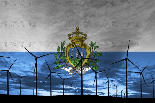 San Marino flag wind farm at sunset, sustainable development, renewable energy Wind Turbines