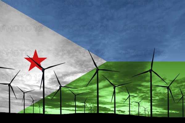 Djibouti flag wind farm at sunset, sustainable development, renewable energy Wind Turbines
