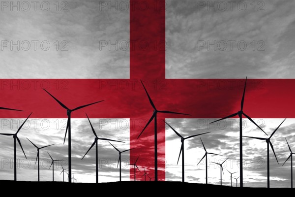 England flag wind farm at sunset, sustainable development, renewable energy Wind Turbines