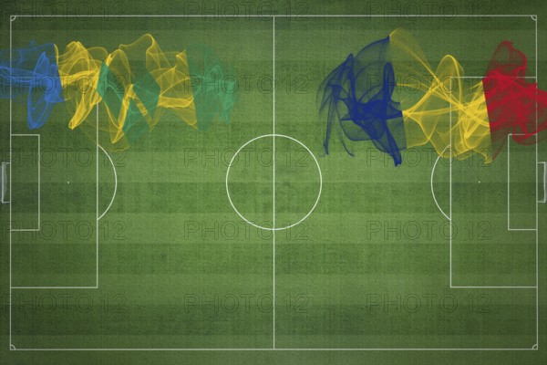Saint Vincent and the Grenadines vs Romania Soccer Match, national colors, national flags, soccer field, football game, Competition concept, Copy space