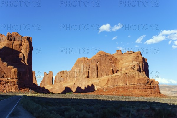 Park Avenue viewpoint. Arch Park in Utah, USA. Picturesque red-brown sandstone cliffs form a unique landscape. Grandiose rock compositions created by nature, the result of erosion