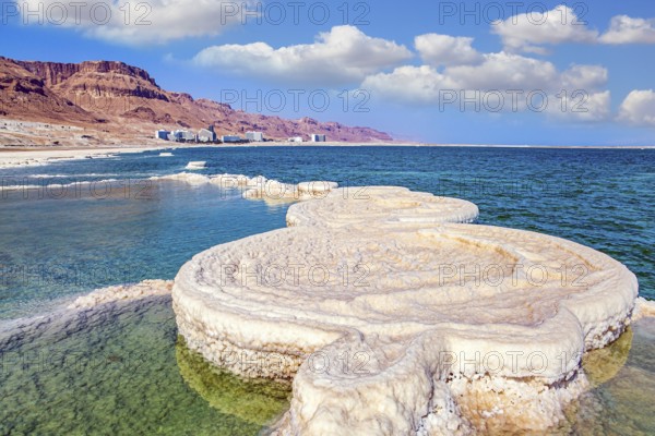 Evaporated salt forms beautiful, symmetrical crystals on the surface of the water. The saltiest lake in the world. The drainless salt lake in the Middle East. Dead Sea. Israel