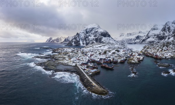 Fishing Village A, Rorbu, Sea and Mountains in Winter. Moskenes, Lofoten Islands. Landscape of Norway. Aerial View
