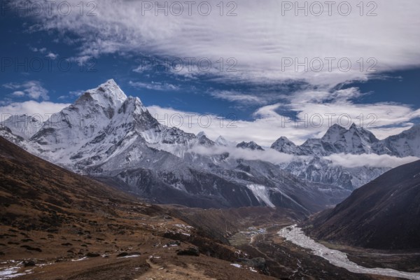 Ama Dablam Mountain and Khumbu Valley on Sunny Day. Himalaya, Nepal, Asia