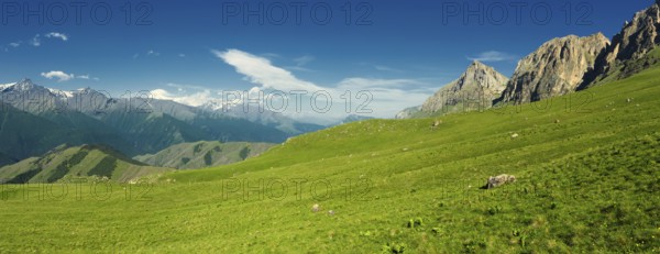 Beautiful summer aerial panorama landscape in Caucasus Mountains, Republic of Ingushetia, Russia, Europe