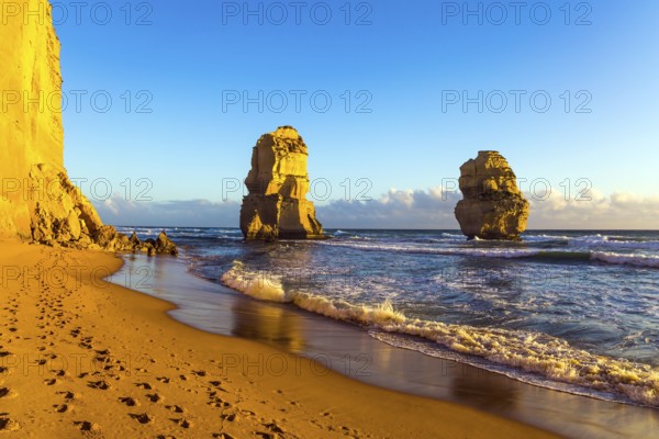 Travel to the edge of the earth. Australian state of Victoria. The Twelve Apostles - a group of limestone rocks in the ocean near the coast. Concept of active and ecological tourism