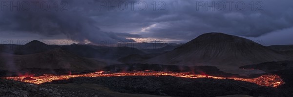 Fagradalsfjall volcanic eruption in the night before sunrise in Reykjanes peninsula around 40 kilometres from Reykjavik, Iceland, Europe
