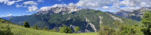 Mountain panorama above Bardonecchia with Pointe Cloutzau and Aiguille Rouge, railway tracks, Piedmont, Italy, Europe