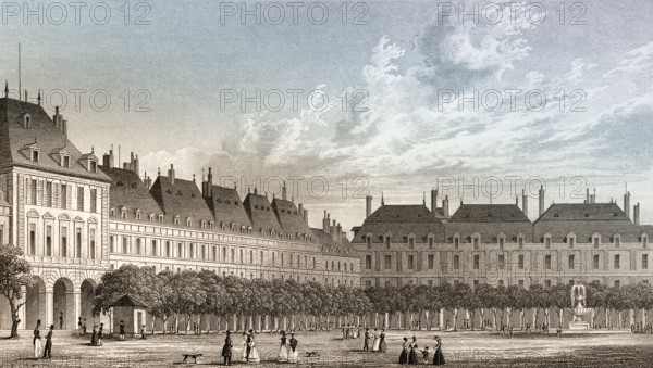 The Place des Vosges, Paris, antique steel engraved print, 1831