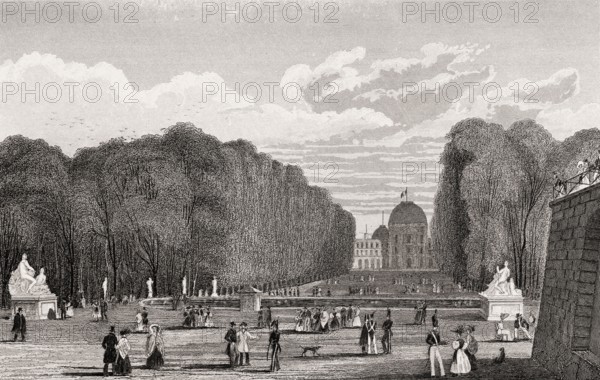 Garden of the Tuileries Palace, Paris, antique steel engraved print, 1831