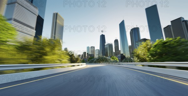 Highway overpass motion blur with cityscape skyline