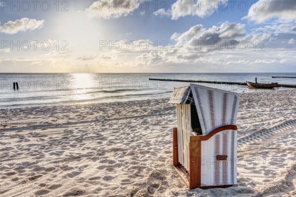 Beach chairs in the morning after sunrise in summer
