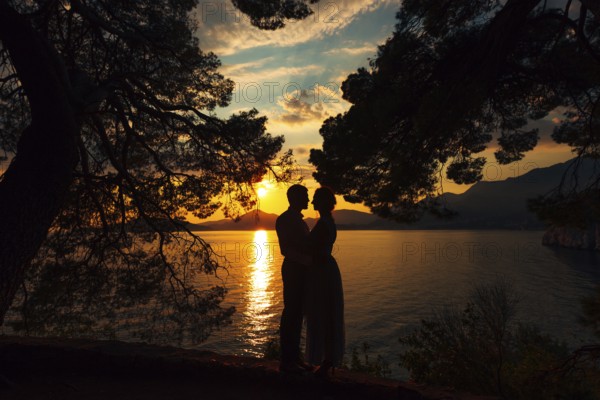 Kotor, Montenegro - 21.06.17: Man and woman stand holding hands on the seashore against the backdrop of mountains at sunset