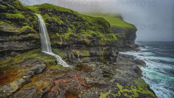 Small waterfall, Karlsöy, Kalsoy, Faroe Islands, outer island, Denmark, Karlsöy, Faroe Islands, Denmark, Europe