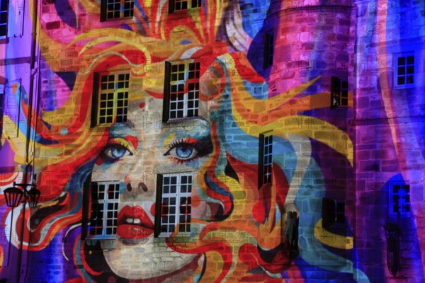 Projections on the façade of the Maison de la Duchesse Anne, light show at the turn of the year in the old town centre of Landerneau, Finistere Penn-ar-Bed department, Bretagne Breizh region, France, Europe