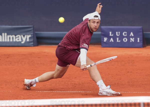 Dutch tennis player Tallon Griekspoor playing a backhand volley at the 2025 BMW Open tournament in Munich, Bavaria, Germany, Europe