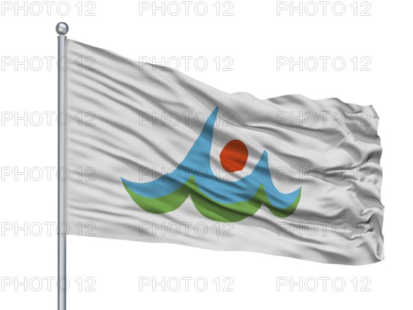 Unzen City Flag On Flagpole, Country Japan, Nagasaki Prefecture, Isolated On White Background