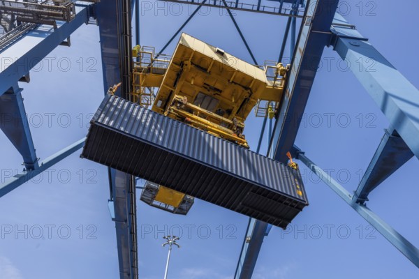 Crane and container in Duisburg harbour, Terminal D3T, Logport l, Rhine, Duisburg, North Rhine-Westphalia, Germany, Europe