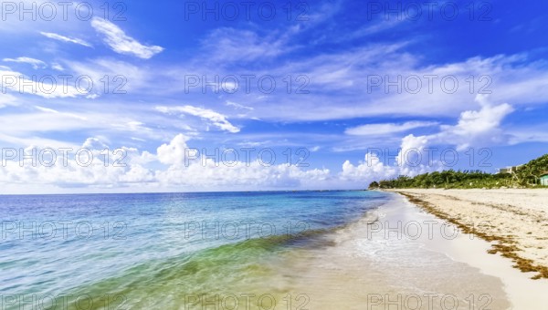 Tropical mexican beach panorama view with turquoise blue water from Playa 88 and Punta Esmeralda in Playa del Carmen Mexico