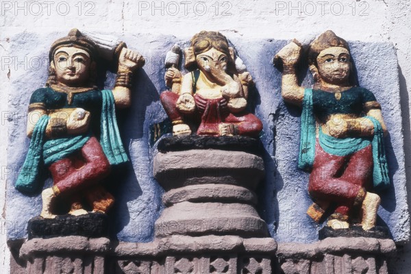 Sculpture of Lord Ganesh with wives, Sayla, Gujarat, India, Asia