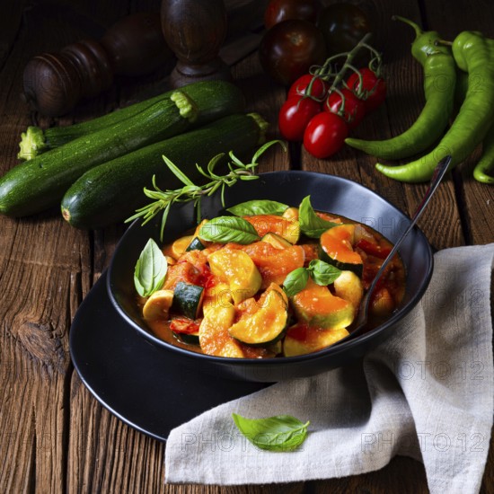 Vegetarian courgette ratatouille with tomato sauce and herbs