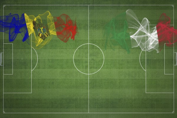 Moldova vs Italy Soccer Match, national colors, national flags, soccer field, football game, Competition concept, Copy space