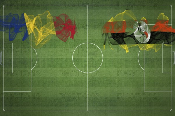 Romania vs Uganda Soccer Match, national colors, national flags, soccer field, football game, Competition concept, Copy space