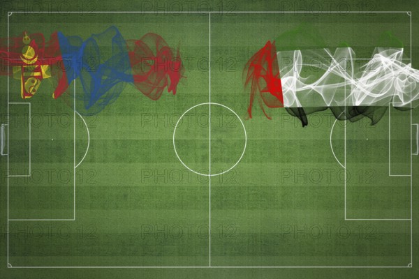 Mongolia vs United Arab Emirates Soccer Match, national colors, national flags, soccer field, football game, Competition concept, Copy space