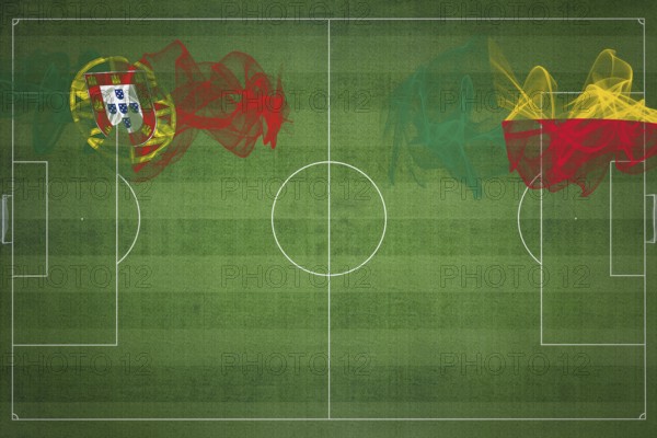 Portugal vs Benin Soccer Match, national colors, national flags, soccer field, football game, Competition concept, Copy space