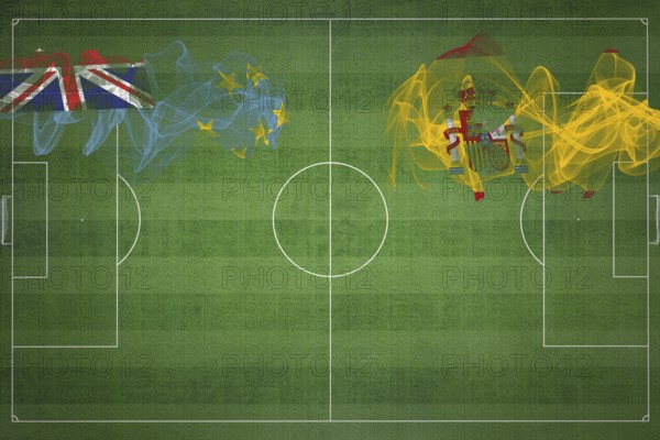 Tuvalu vs Spain Soccer Match, national colors, national flags, soccer field, football game, Competition concept, Copy space