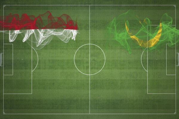 Indonesia vs Mauritania Soccer Match, national colors, national flags, soccer field, football game, Competition concept, Copy space