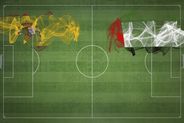 Spain vs United Arab Emirates Soccer Match, national colors, national flags, soccer field, football game, Competition concept, Copy space