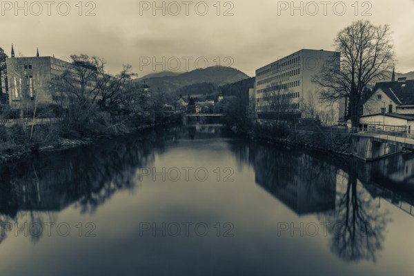 View of the river Mur and the town hall, long exposure, Leoben, Styria, Austria, Europe