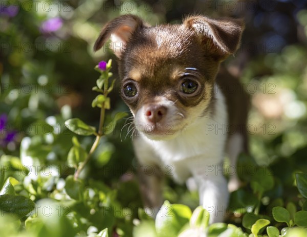 With bright eyes and a sense of wonder, a Chihuahua puppy explores a lush garden, peering through a curtain of green leaves
