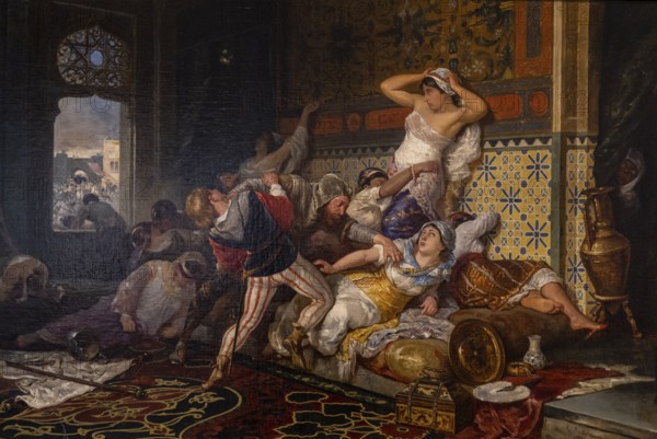 Assault on the harem, Ricard Anckermann Riera, 1880, oil on canvas, Museu de Mallorca, Palma, Majorca, Spain, Europe