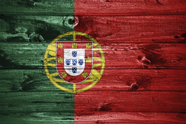 Portugal flag on wooden planks background wood flag