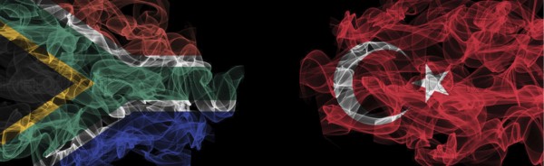 Flags of South Africa and Turkey on Black background, South Africa vs Turkey Smoke Flags