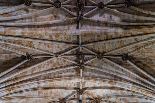 Zamora, Spain, April 7, 2023: Interior view of the Church of San Pedro y San Ildefonso. Directly below view of the vaults, Europe