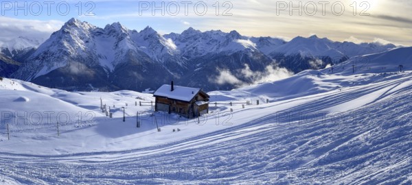 Panorama, view over the ski area from Motta Naluns over Sccuol towards Val S-charl, Engadin, Grisons, Switzerland, Europe