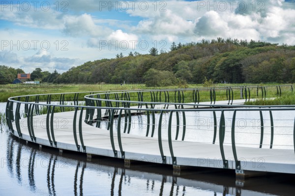 A modern bridge winds its way across the water against a backdrop of clouds and nature, Tureluur cycle bridge, Texel